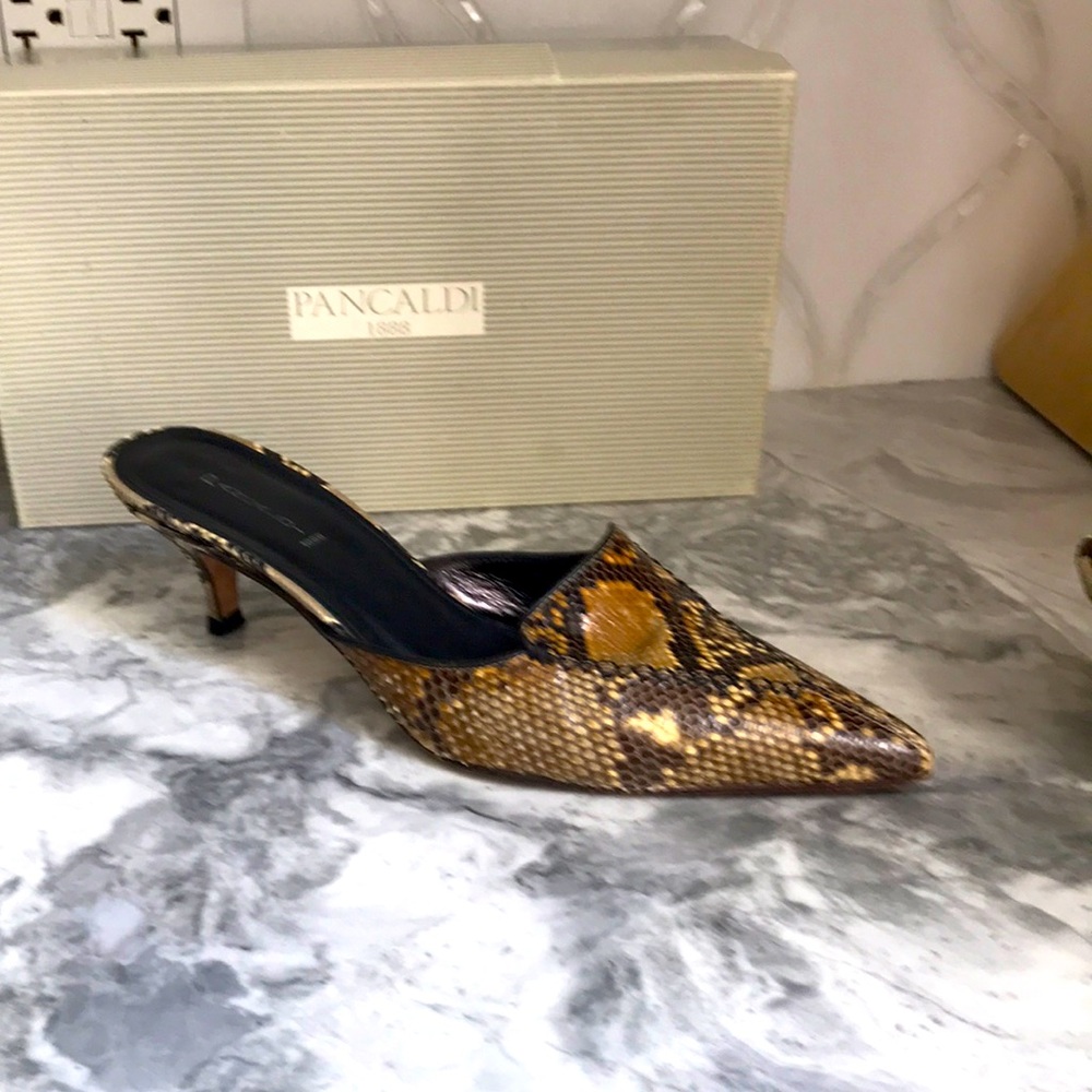 Tan and Brown Heels with Pointed Toe and Slip-On Design
